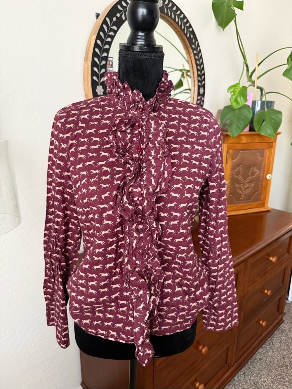 Zara Burgundy Ruffled Horse-Print Blouse